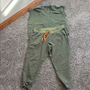 Figs Olive Green Scrub Set with Orange Accent